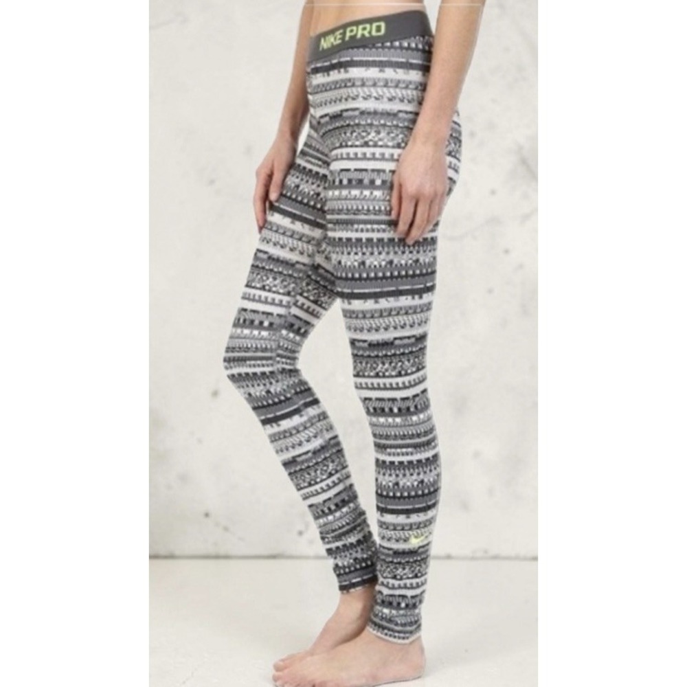 Nike Pro Dri Fit Leggings Womens Gray Geometric Pattern Neon Green Logo Sz Large